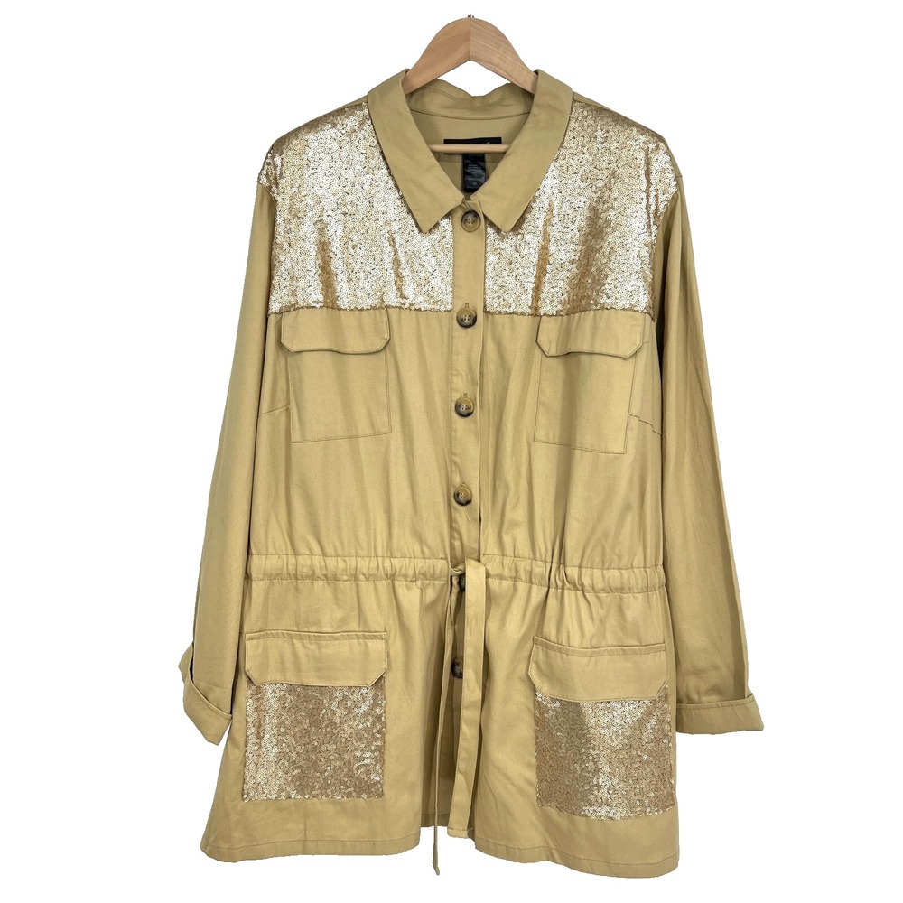 Ashley Stewart Sequin Drawstring Button Up Trench Coat Womens Size 32 Tan Cotton